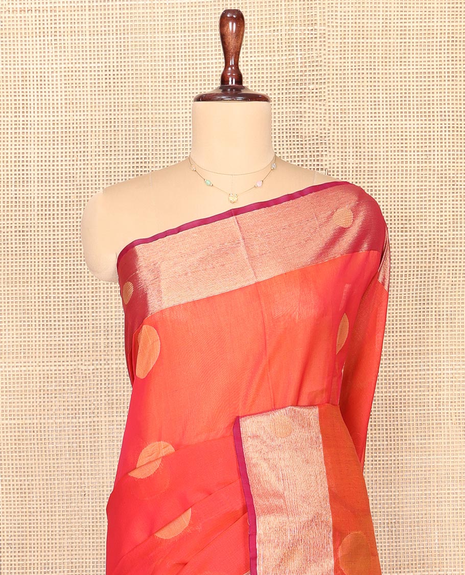 Orange Striped Silk Cotton Saree, Graced with Polka Buttas, Complemented by a Contrast Zari Border, Intricately Designed Pallu, and a Contrast Blouse