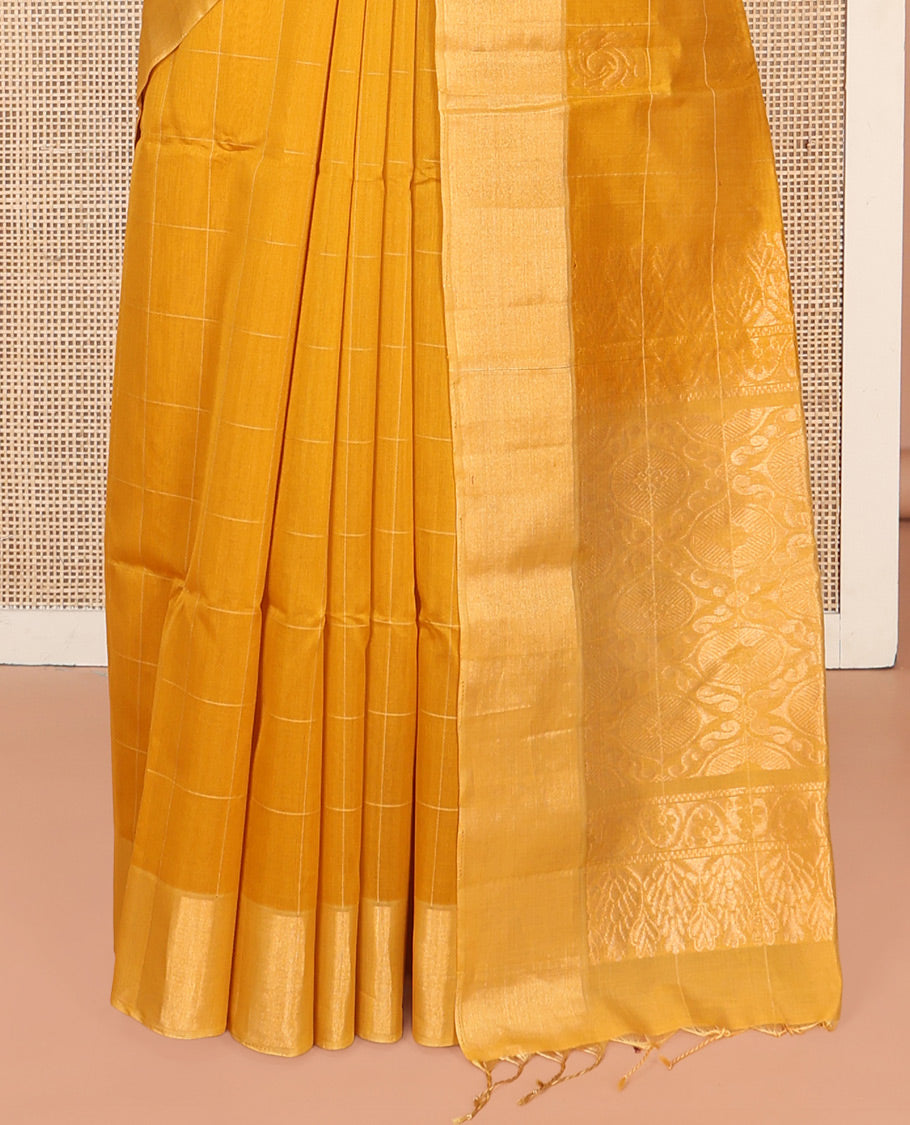 Yellow Silk Cotton Saree, Subtly Sparkled With Butta Enclosed Checks On Its, Subtle Bavanji Border, Grand Jaal Pallu and Paired with a Matching Blouse