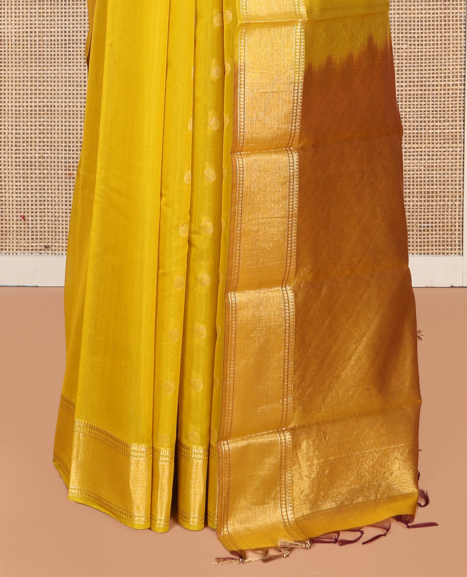 Yellow Silk Cotton Saree, Subtly Woven with Buttas All Over Its Body, Highlighted by Zari Border, Diagonally Woven Pallu and Paired with a Matching Blouse