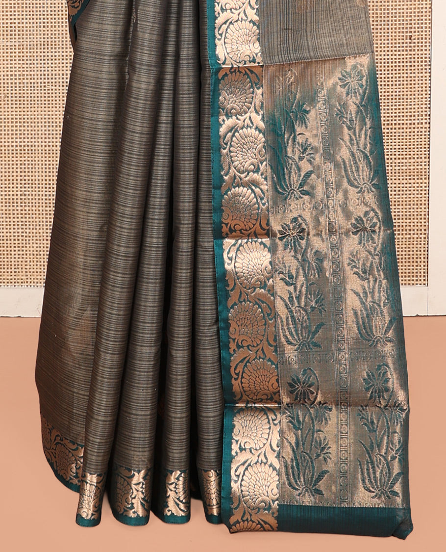 Grey Silk Cotton Saree, Subtly Sparkled with Zari Buttas and Stripes, Contrast Floral Creeper Border, Floral Pallu, and a Contrast Blouse