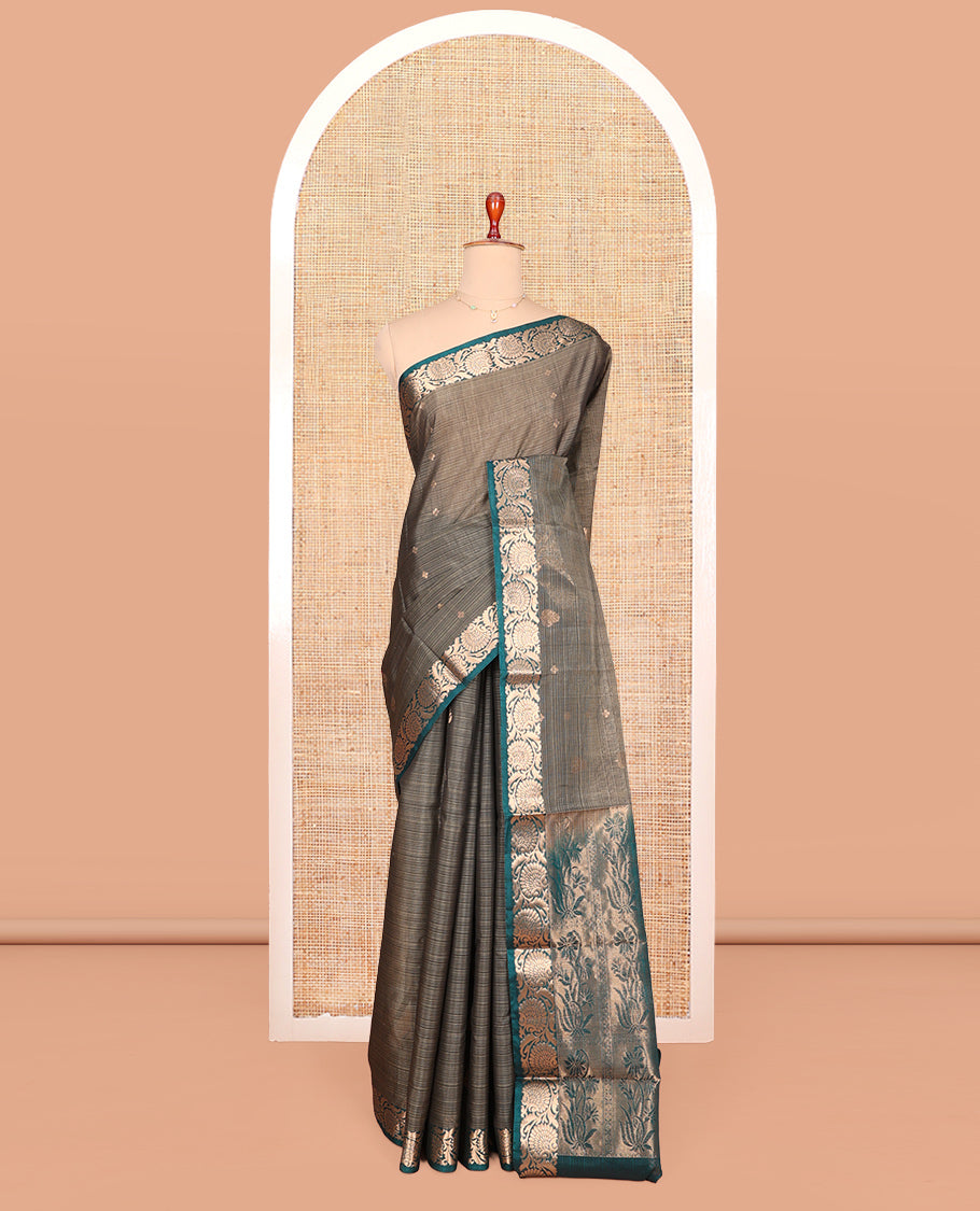 Grey Silk Cotton Saree, Subtly Sparkled with Zari Buttas and Stripes, Contrast Floral Creeper Border, Floral Pallu, and a Contrast Blouse