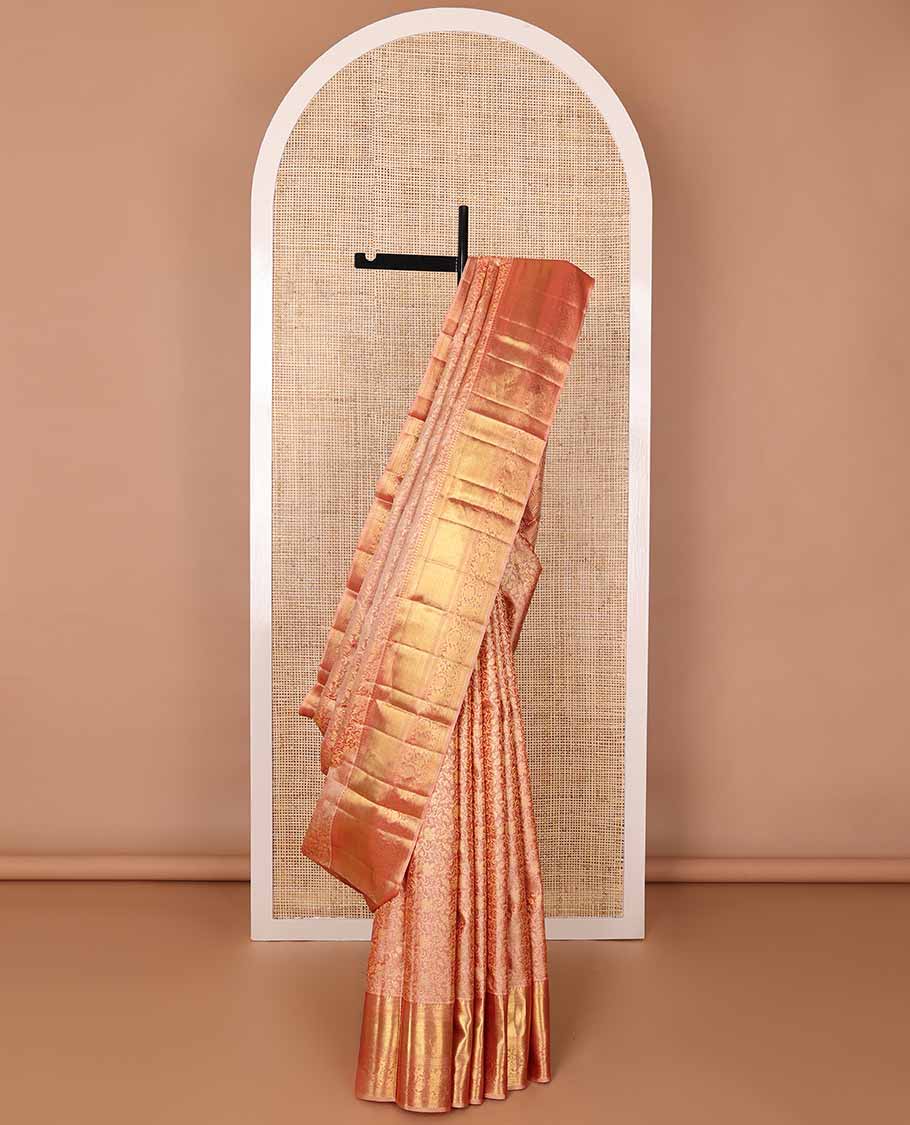 Peach floral jacquard silk saree with self border of paun, kuyil kann, banaras design & zari design pallu