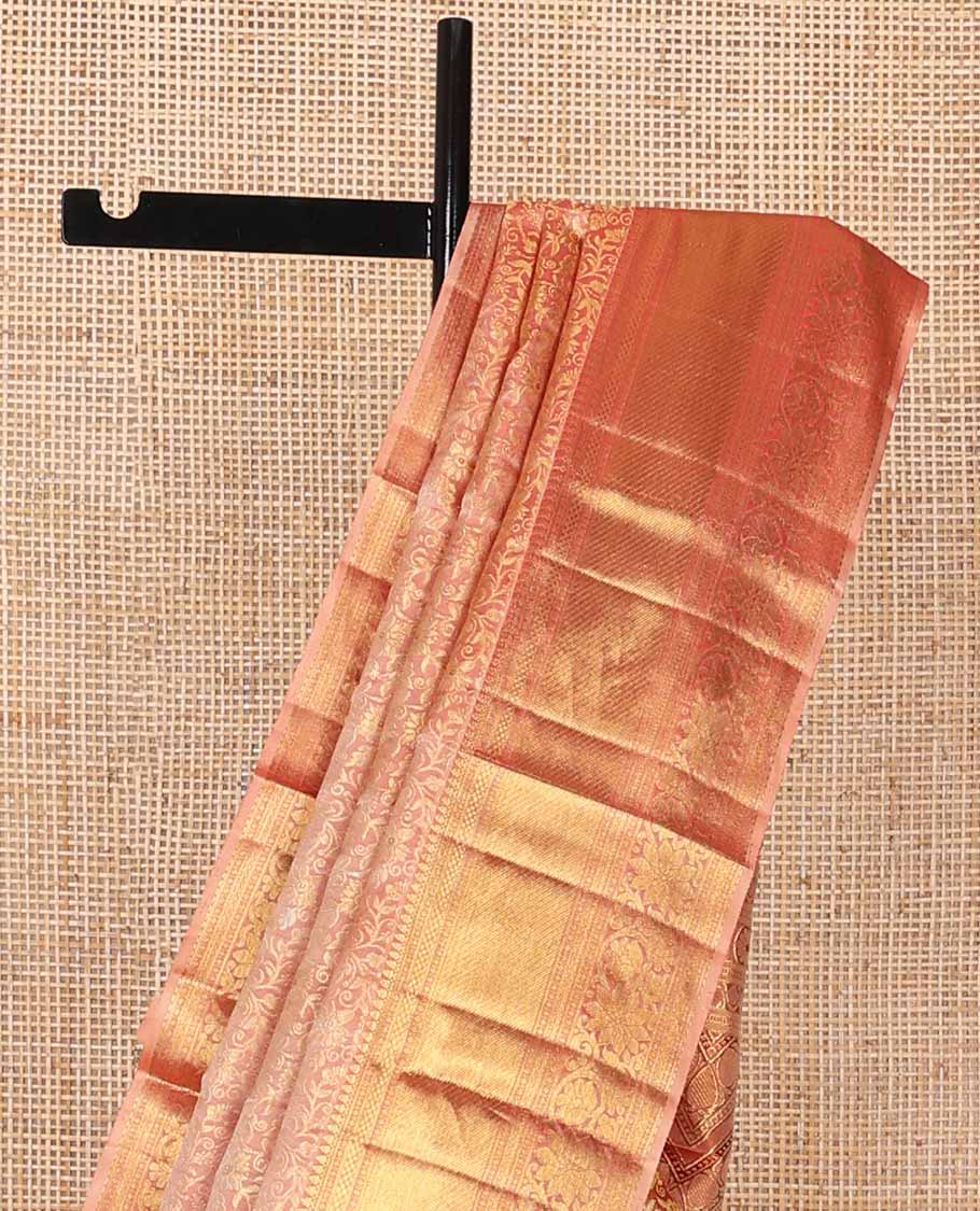 Peach floral jacquard silk saree with self border of paun, kuyil kann, banaras design & zari design pallu