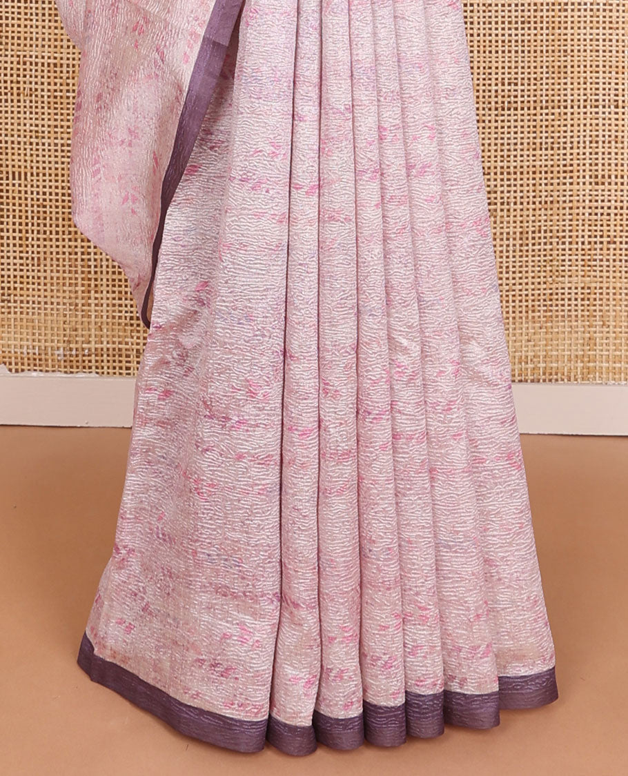 Pink crushed-style floral printed & thread kantha embroidery work tissue silk saree, contrast plain border & floral printed pallu