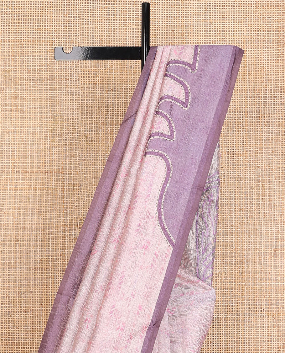 Pink crushed-style floral printed & thread kantha embroidery work tissue silk saree, contrast plain border & floral printed pallu