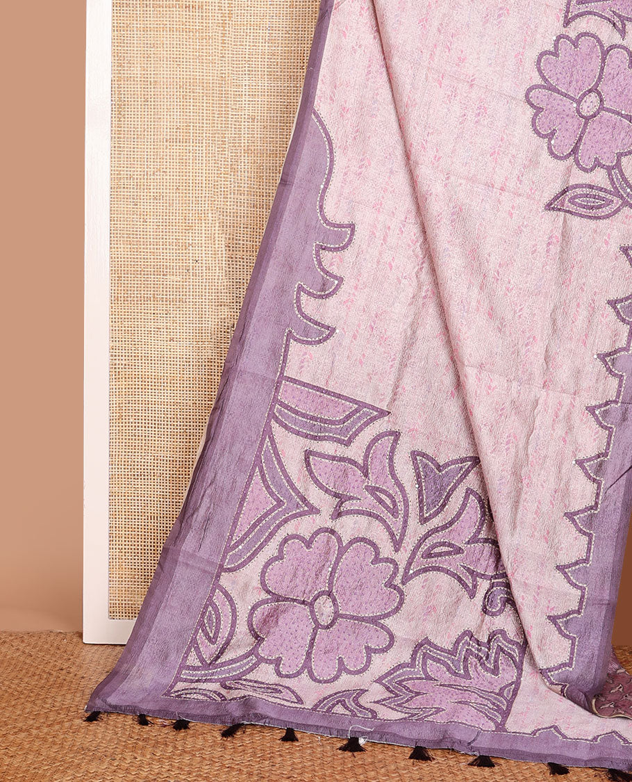 Pink crushed-style floral printed & thread kantha embroidery work tissue silk saree, contrast plain border & floral printed pallu
