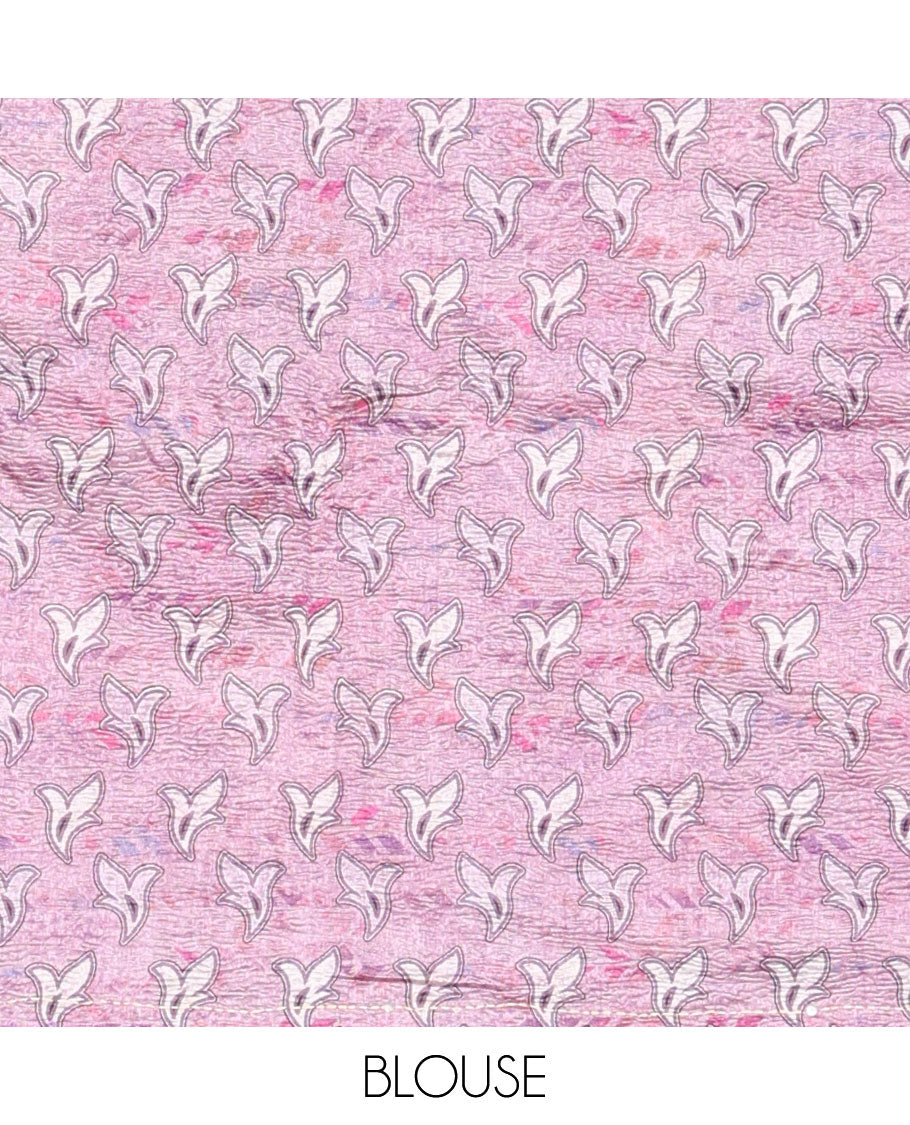 Pink crushed-style floral printed & thread kantha embroidery work tissue silk saree, contrast plain border & floral printed pallu