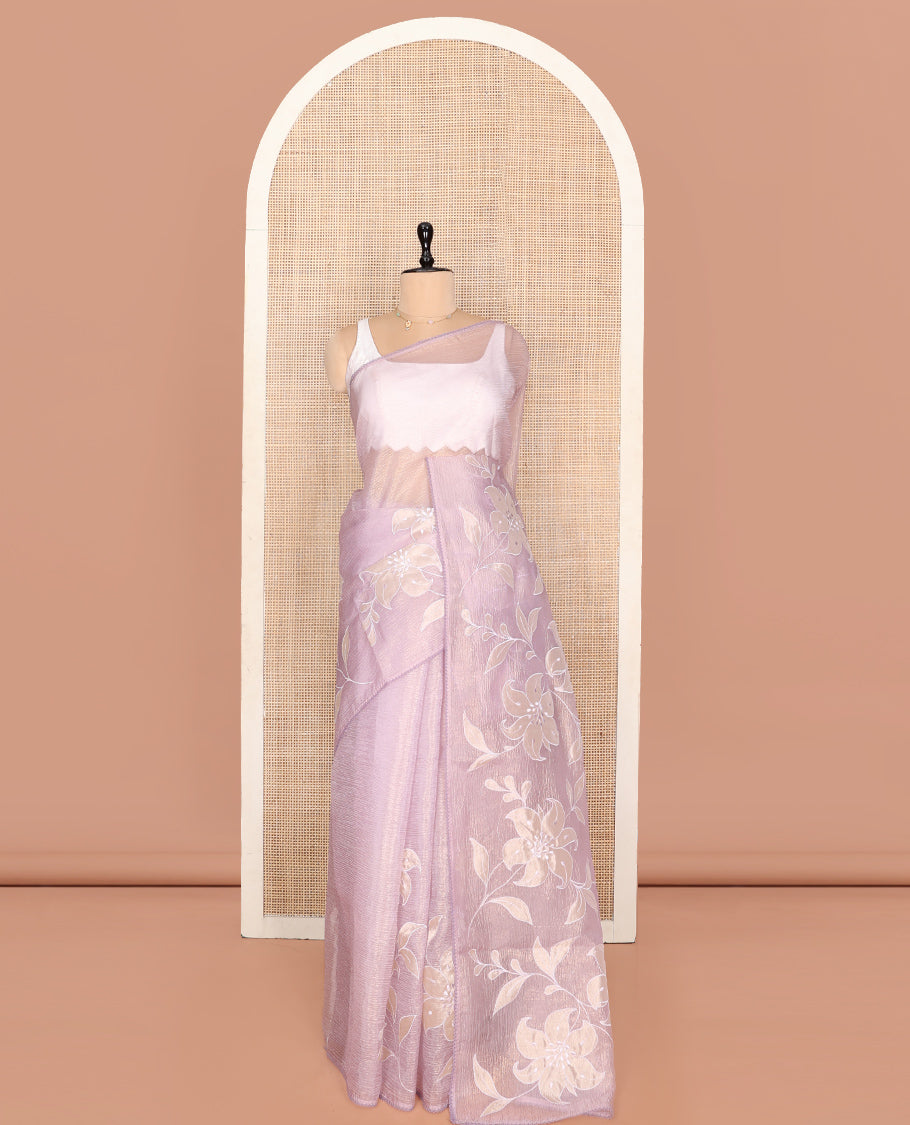 Pale Pink Crushed Tissue Saree, Delicately Decked Up with Floral Motifs Embroidery, a Subtle Scallop Border, and Matching Blouse