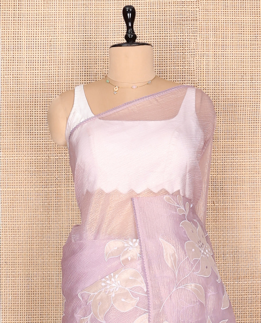 Pale Pink Crushed Tissue Saree, Delicately Decked Up with Floral Motifs Embroidery, a Subtle Scallop Border, and Matching Blouse