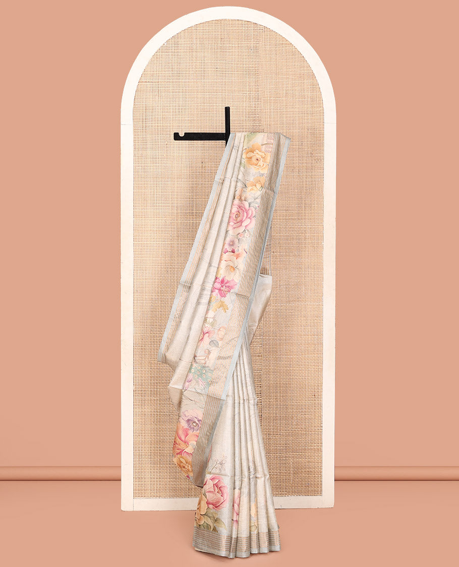 Off-White Tussar Silk Saree, Beautifully Bedecked with Fantasy-Style Floral and Buildings Printed on Its Body, a Subtle Contrast Striped Border, Heathered Pallu, and Paired with a Matching Blouse