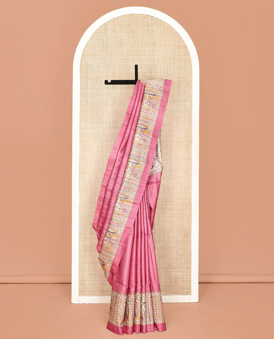 Pink Plain Tussar Saree, Impeccably Styled with Madhubani-Style Figurines Print, a Pallu Depicting Madhubani Print, and a Matching Blouse