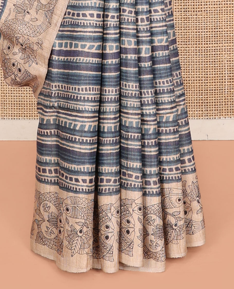 Blue-Grey Tussar Silk Saree, Impeccably Styled with Geometric Patterns, Complemented by a Contrast Fishes Printed Border, Printed Pallu, and a Contrast Blouse