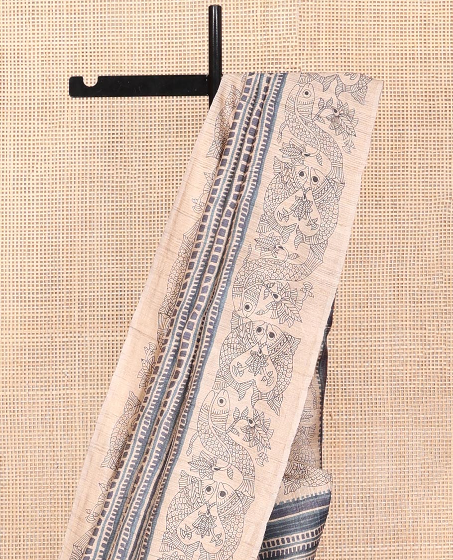 Blue-Grey Tussar Silk Saree, Impeccably Styled with Geometric Patterns, Complemented by a Contrast Fishes Printed Border, Printed Pallu, and a Contrast Blouse