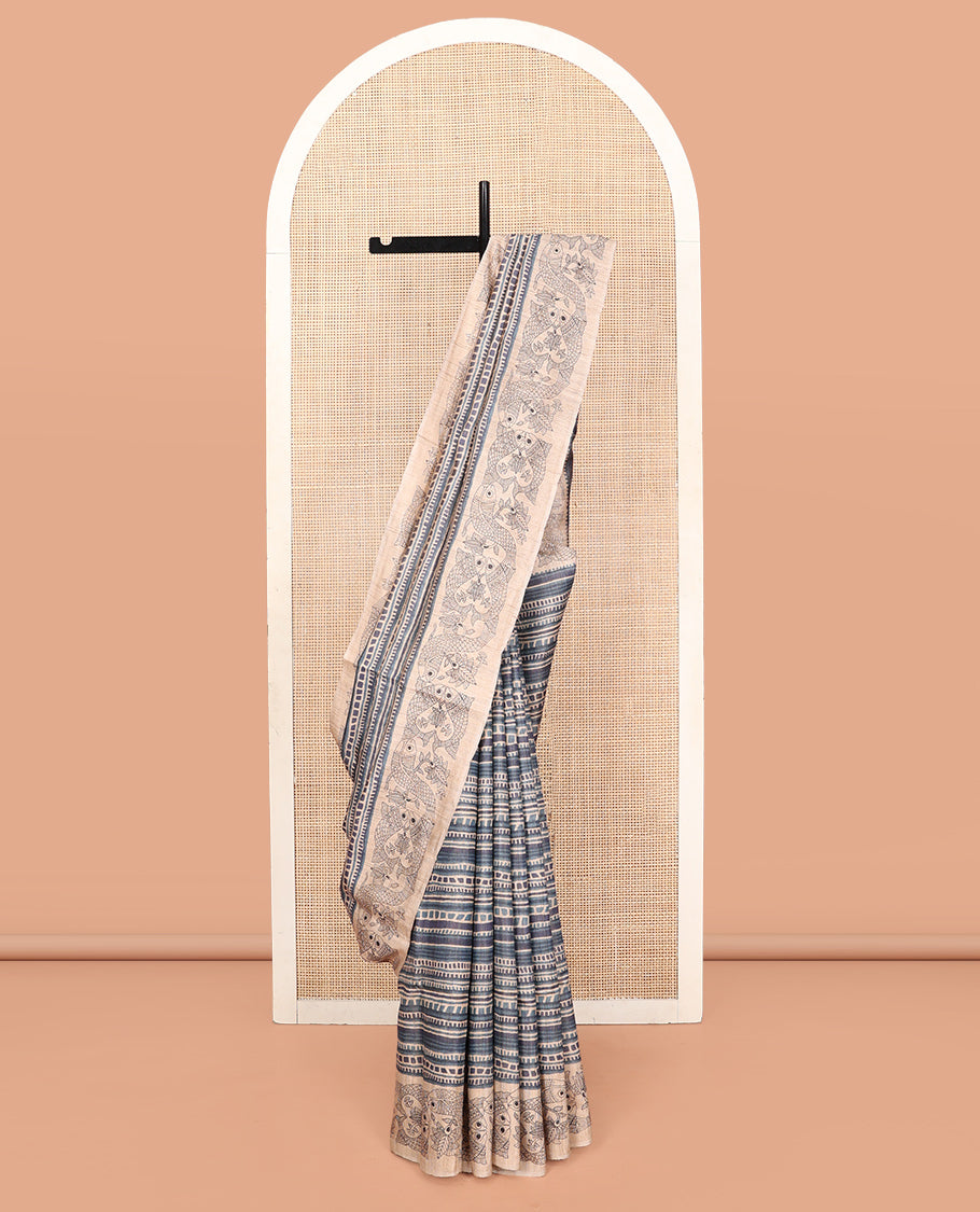 Blue-Grey Tussar Silk Saree, Impeccably Styled with Geometric Patterns, Complemented by a Contrast Fishes Printed Border, Printed Pallu, and a Contrast Blouse