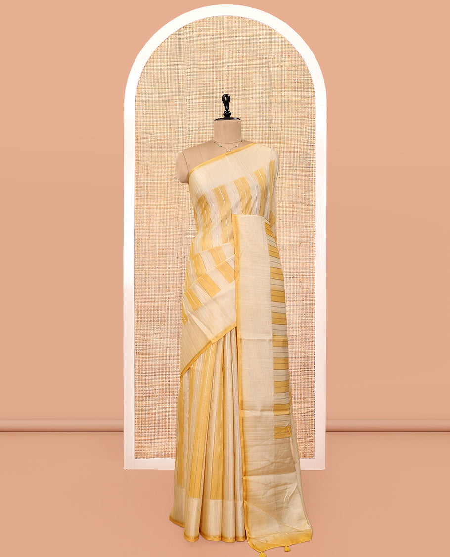 Yellow Fancy Tussar Saree, Accentuated with Stripes, a Subtle Plain Border, Plain Pallu, and a Matching Blouse