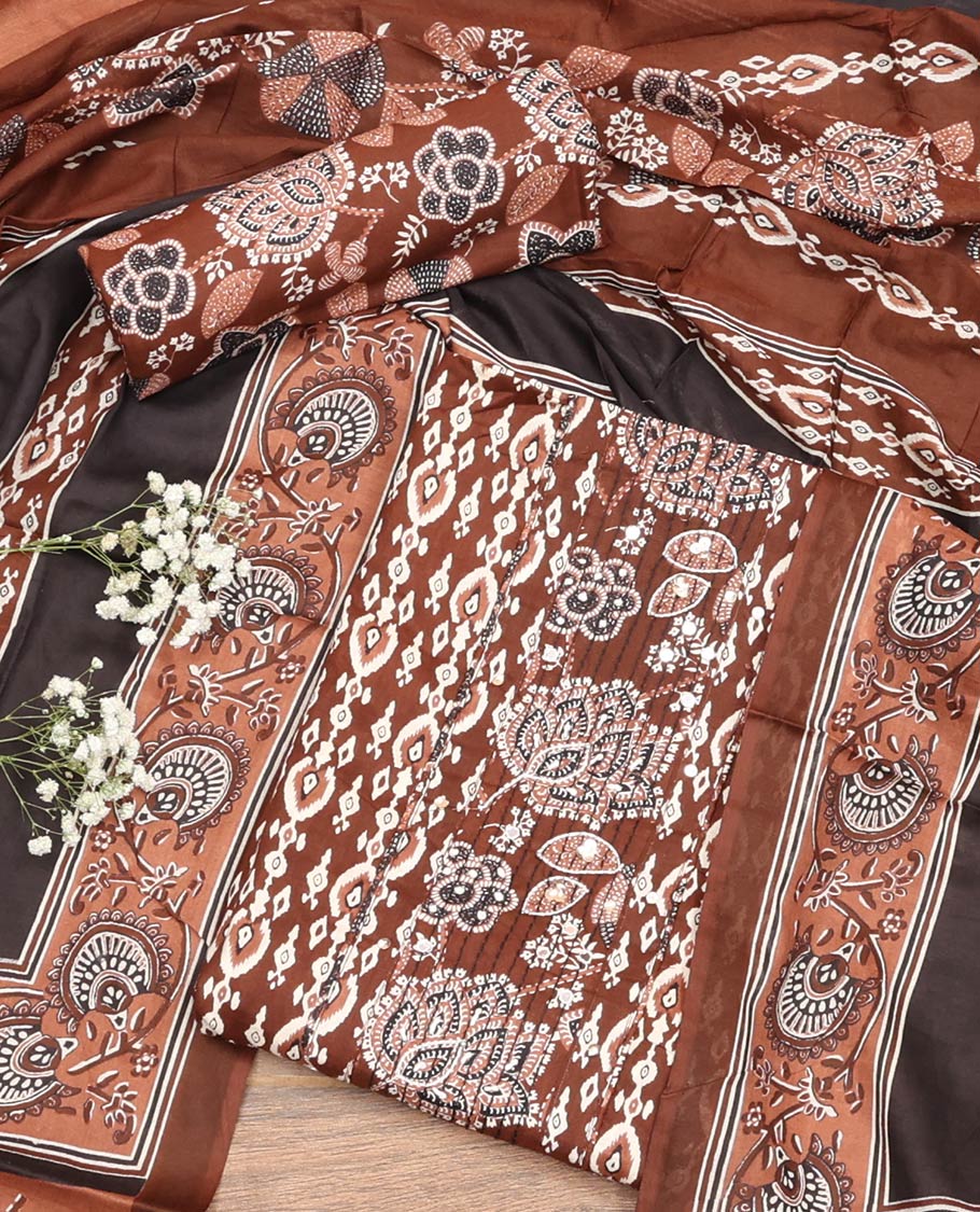 Dark Brown Material Chudidar Set, Adorned with Intricate Designs and Thread Work Cotton Top, a Floral Printed Cotton Bottom, and Paired with an Intricately Printed Cotton Dupatta