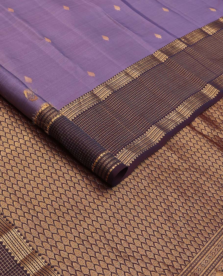 Violet zari buttas Vasundhara silk mix saree, contrast border of rekku, kathir, star kamalam, and zari checks and vel motifs pallu