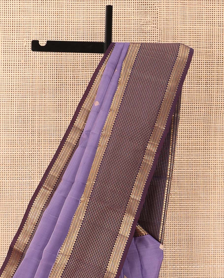 Violet zari buttas Vasundhara silk mix saree, contrast border of rekku, kathir, star kamalam, and zari checks and vel motifs pallu