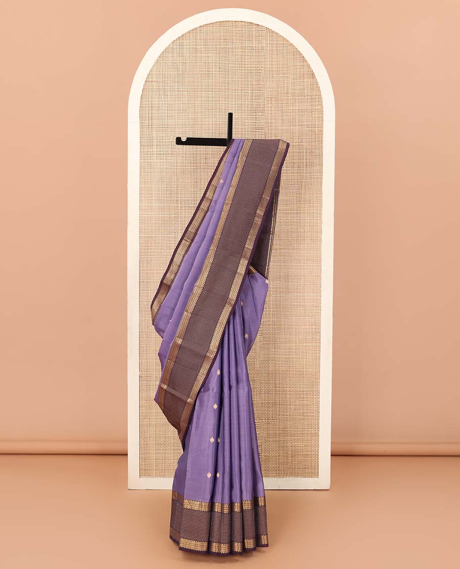 Violet zari buttas Vasundhara silk mix saree, contrast border of rekku, kathir, star kamalam, and zari checks and vel motifs pallu
