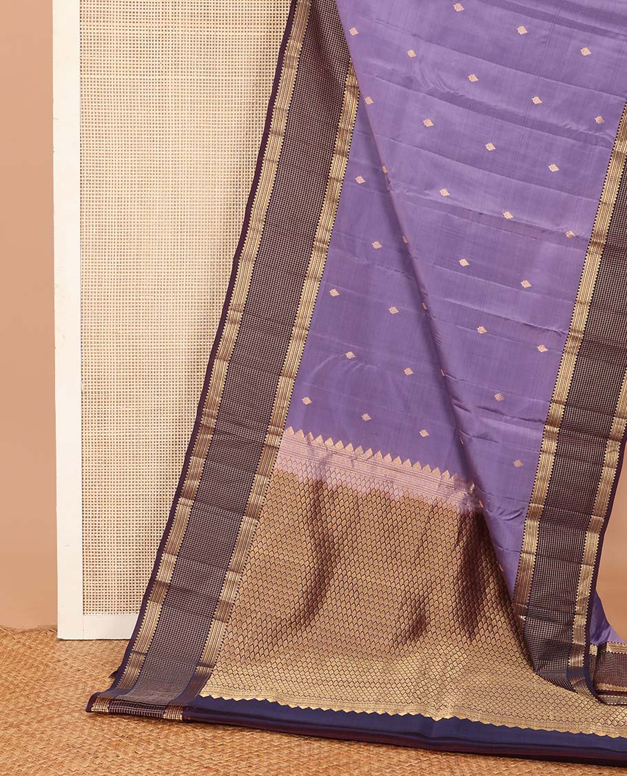 Violet zari buttas Vasundhara silk mix saree, contrast border of rekku, kathir, star kamalam, and zari checks and vel motifs pallu
