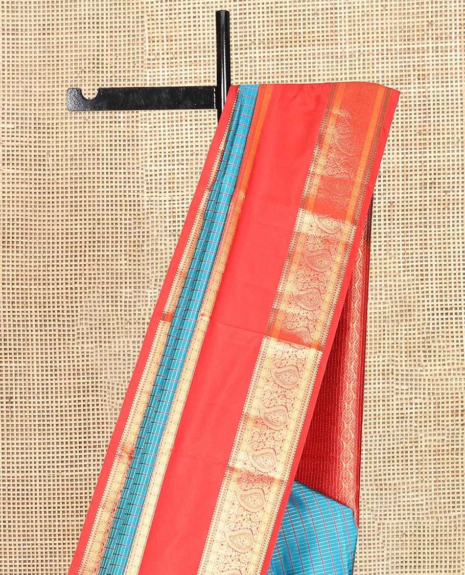 Blue Vasundhara Lite Silk Mix Saree, Elevated with Checks, a Contrast Rettai Pettu Border of Kamalam, Muthu, Kathir, and Manga Designs, Grand Pallu, and a Contrast Blouse