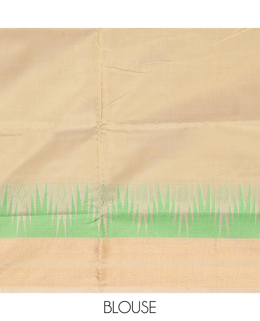 Purple buttas banana pith saree, contrast temple traditional zari border, and pallu of stripes, and buttas