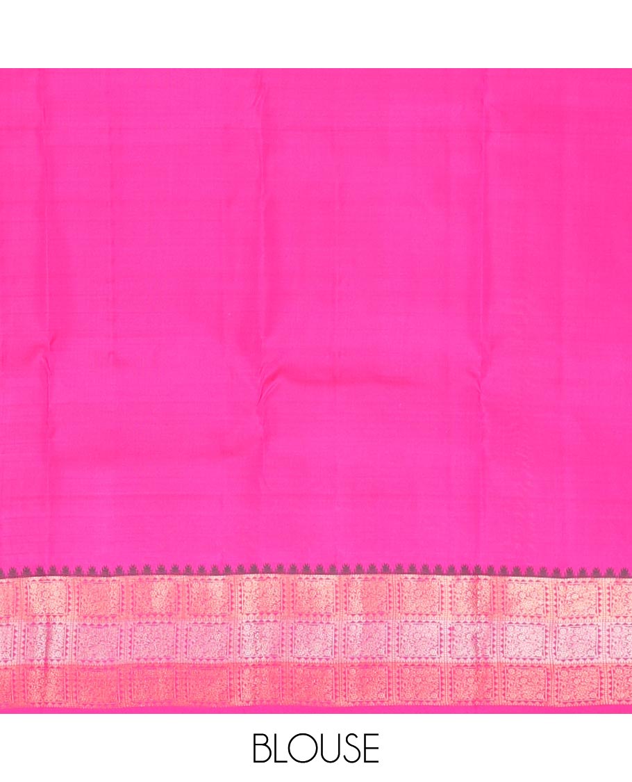 Pink zari design silk saree, contrast thazampoo rekku floral jaal enclosed checked border & ogee patterned pallu