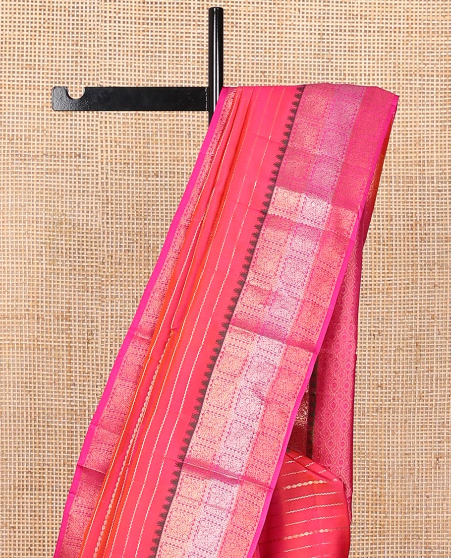 Pink zari design silk saree, contrast thazampoo rekku floral jaal enclosed checked border & ogee patterned pallu