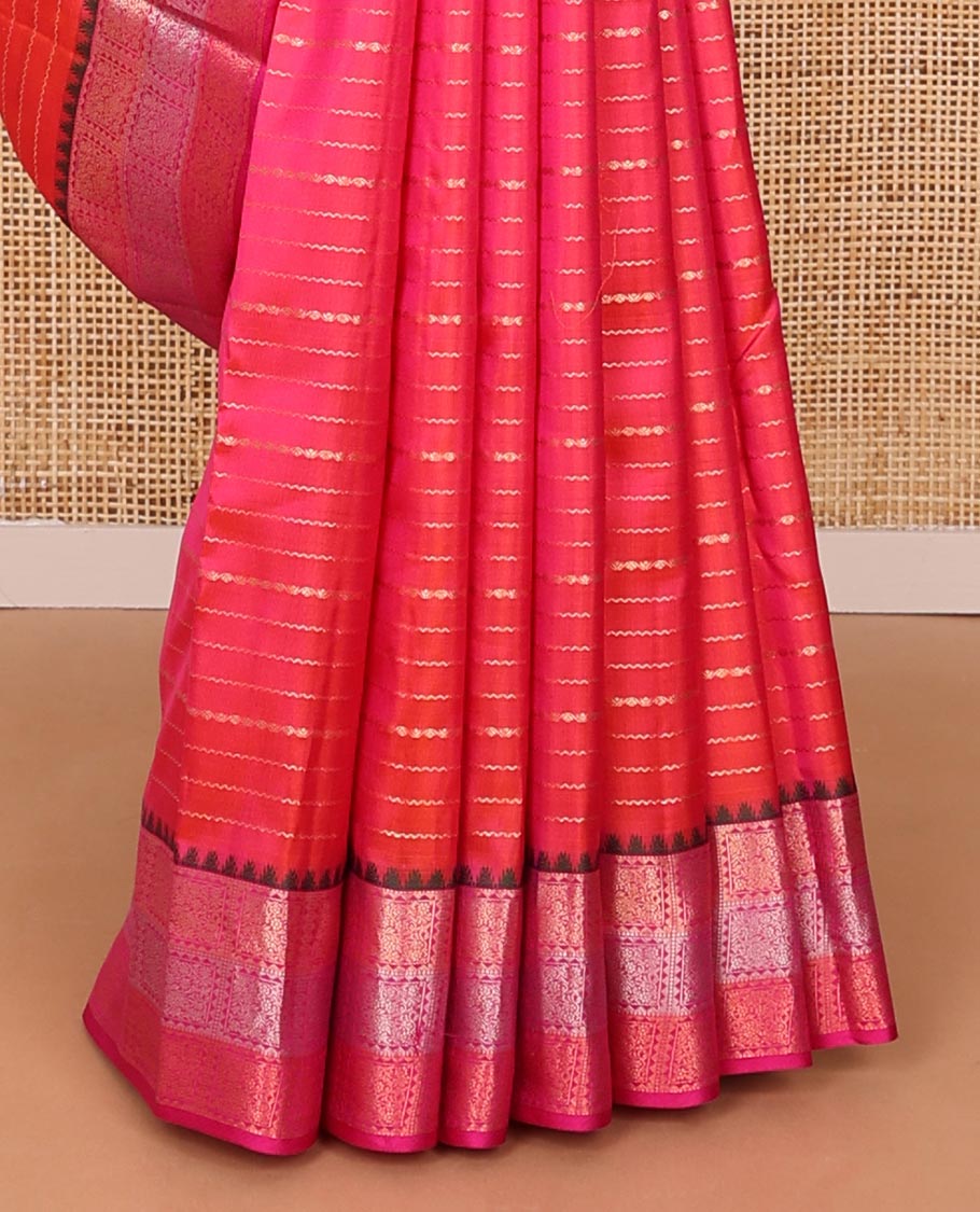 Pink zari design silk saree, contrast thazampoo rekku floral jaal enclosed checked border & ogee patterned pallu