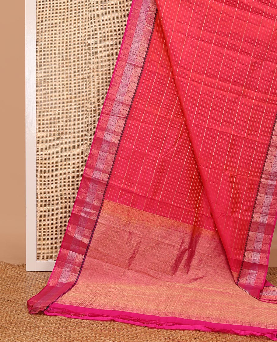 Pink zari design silk saree, contrast thazampoo rekku floral jaal enclosed checked border & ogee patterned pallu