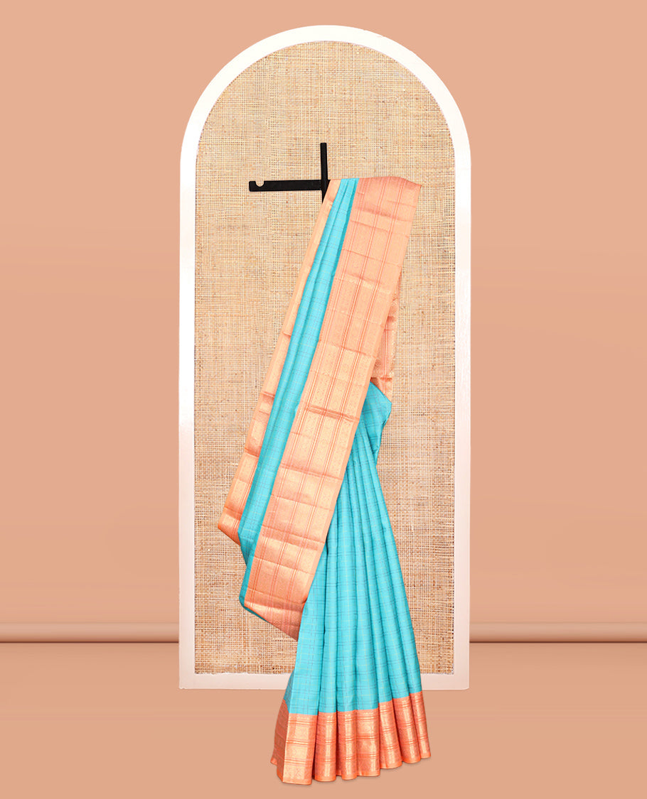 Blue Vasundhara Silk Saree, Woven with Checks, Contrast Border of Rekku, Chakram, and Jada Nagam Designs, Grand Pallu, and a Contrast Blouse