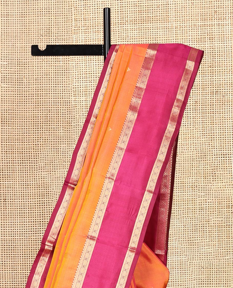 Orange Vasundhara Silk Saree, Woven with Buttas, Contrast Rettai Pettu Border of Thilakam Mokku, and Laddu Kamalam Designs, Rich Pallu, and Contrast Blouse
