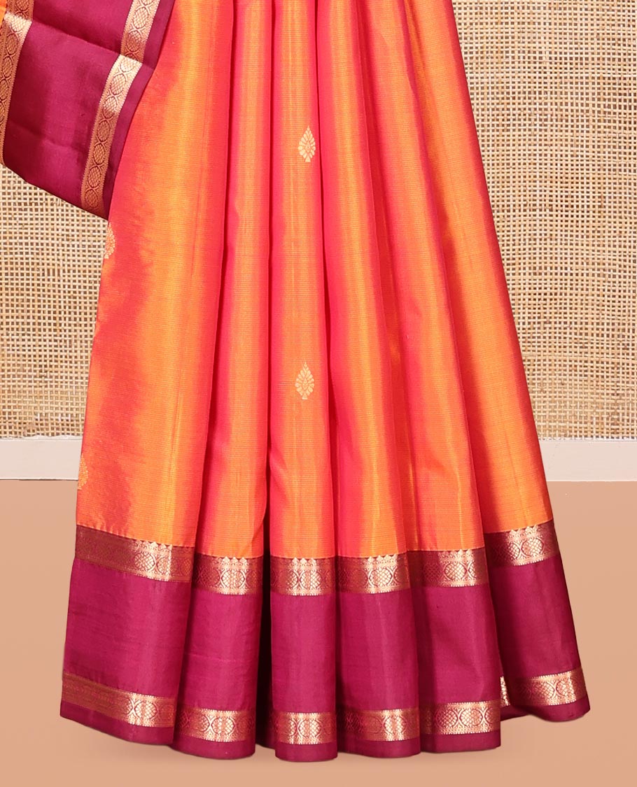 Orange Vasundhara Silk Saree, Woven with Buttas, Contrast Rettai Pettu Border of Thilakam Mokku, and Laddu Kamalam Designs, Rich Pallu, and Contrast Blouse