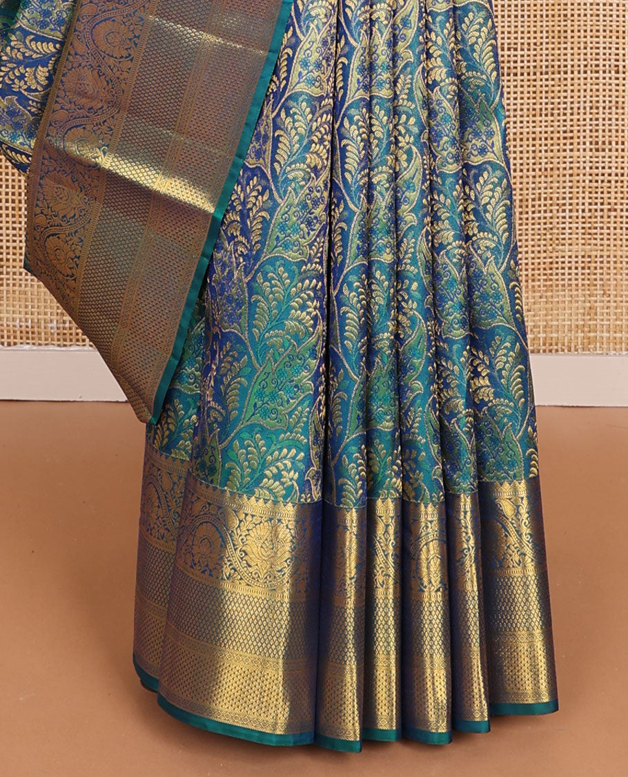 Blue jacquard wedding silk saree, zari-rich jaal pallu & zari border of rekku,muthu,mayil kann, ara maadam & kodi visiry