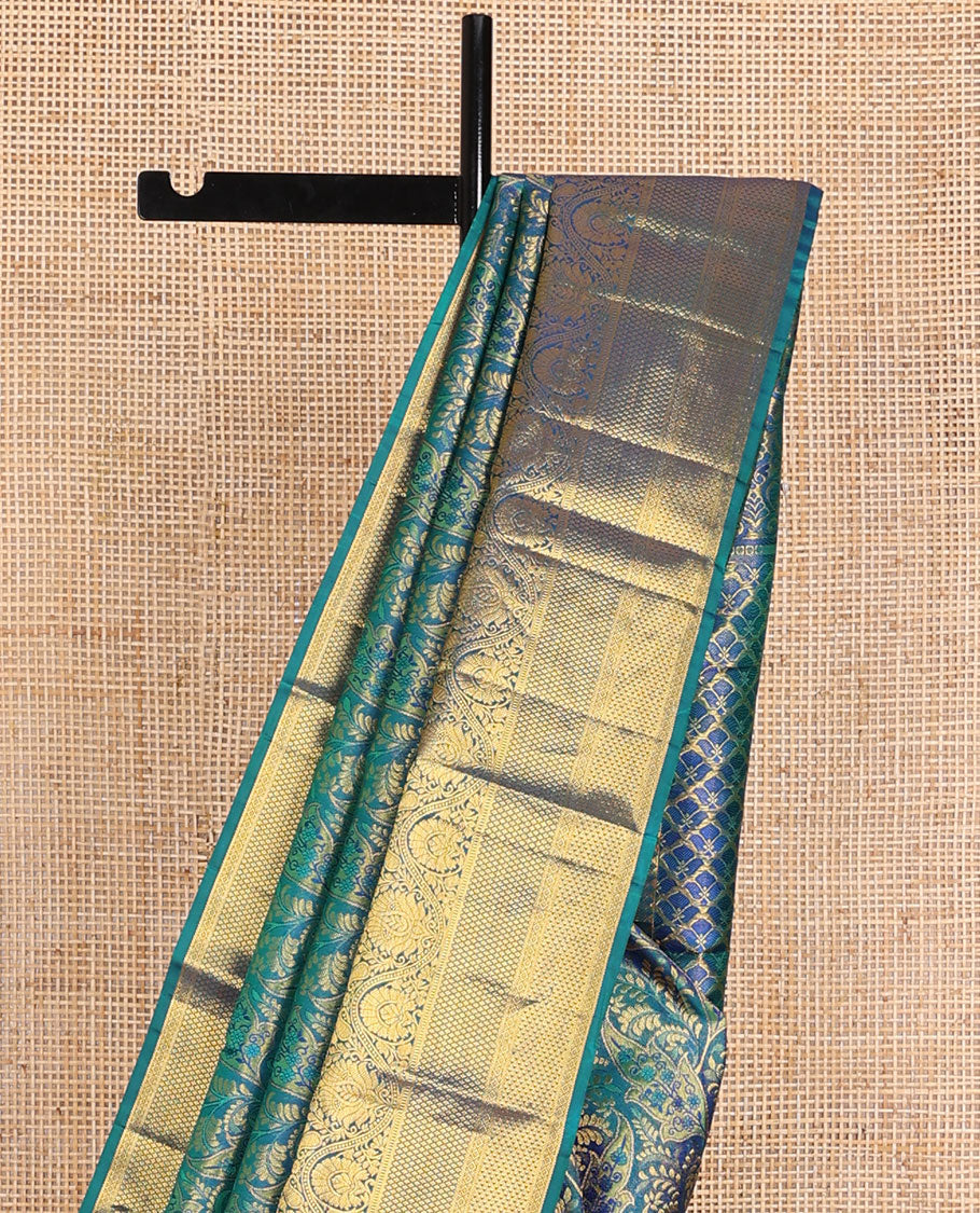Blue jacquard wedding silk saree, zari-rich jaal pallu & zari border of rekku,muthu,mayil kann, ara maadam & kodi visiry