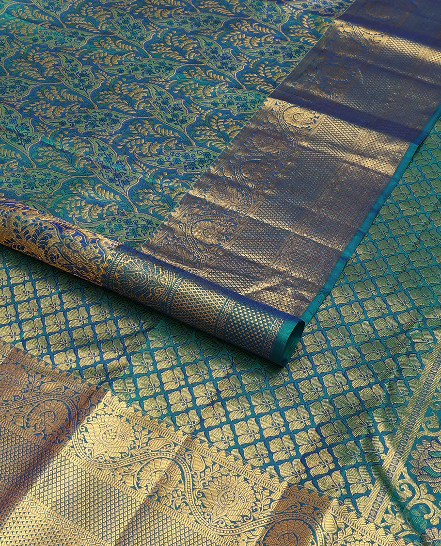 Blue jacquard wedding silk saree, zari-rich jaal pallu & zari border of rekku,muthu,mayil kann, ara maadam & kodi visiry