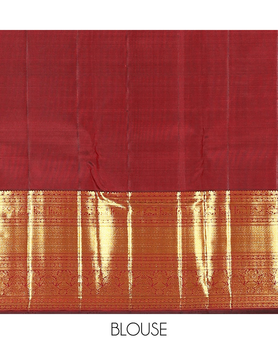 Maroon singam buttas woven kanchipuram silk saree, zari border of muthu, banaras, manga kodi, yaali, kuthirai, yaanai, mayil kann, rudraksham, and iruthalai pakshi, and jaal pallu