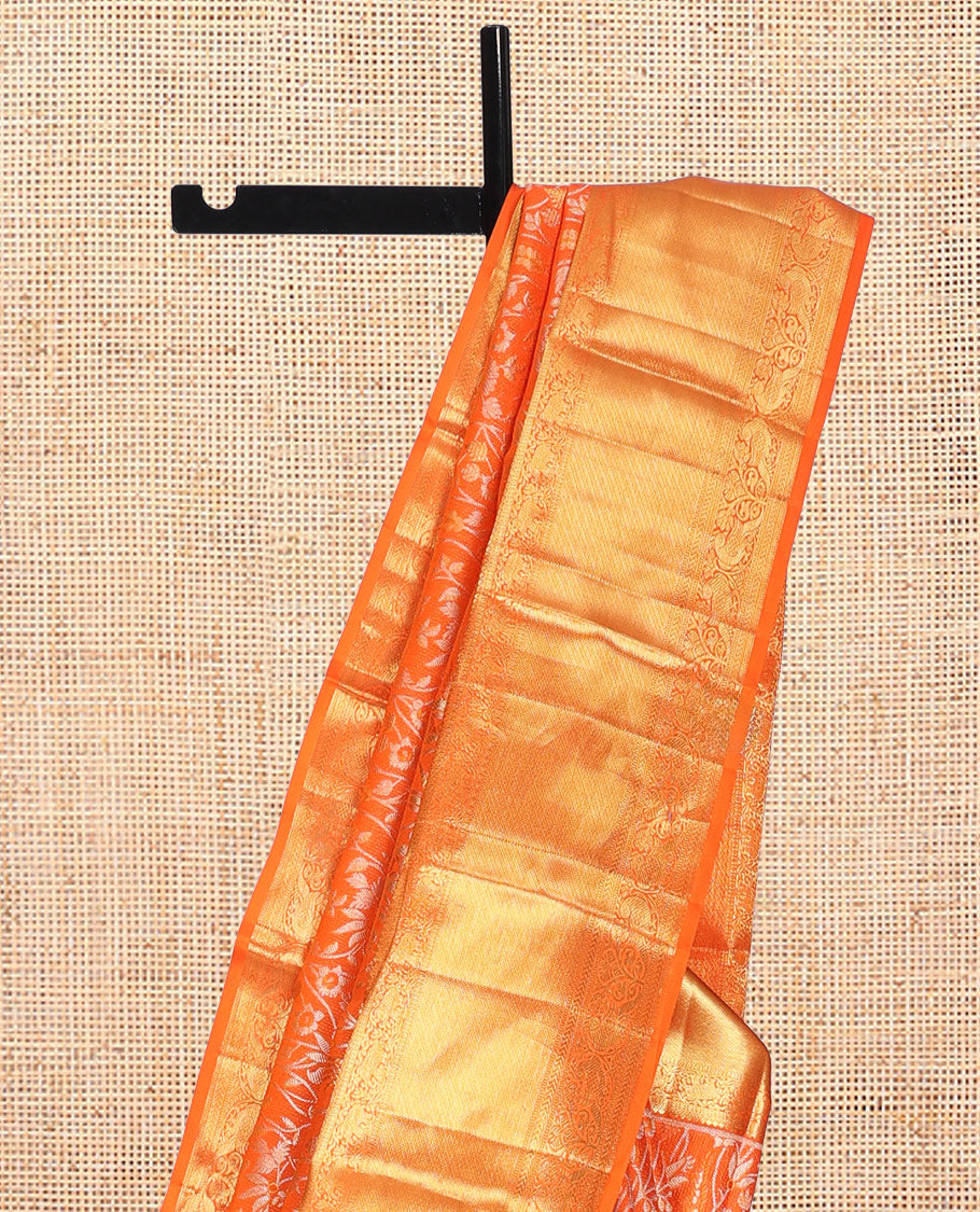 Orange Jacquard Kanchipuram Wedding Silk Saree, Highlighted by a Zari Border of Thilakam Mokku, Yaanai, Mayil, Kathir Designs, Intricately Designed Pallu, and Matching Blouse