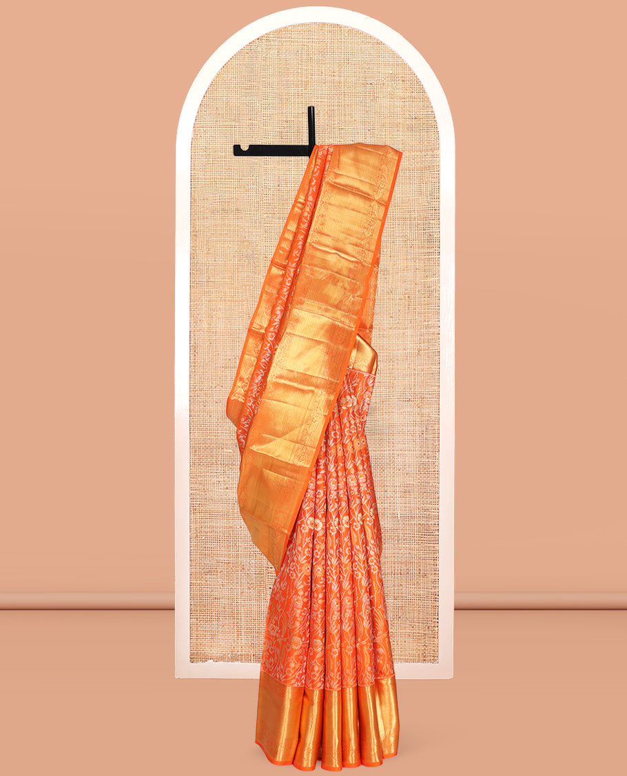 Orange Jacquard Kanchipuram Wedding Silk Saree, Highlighted by a Zari Border of Thilakam Mokku, Yaanai, Mayil, Kathir Designs, Intricately Designed Pallu, and Matching Blouse