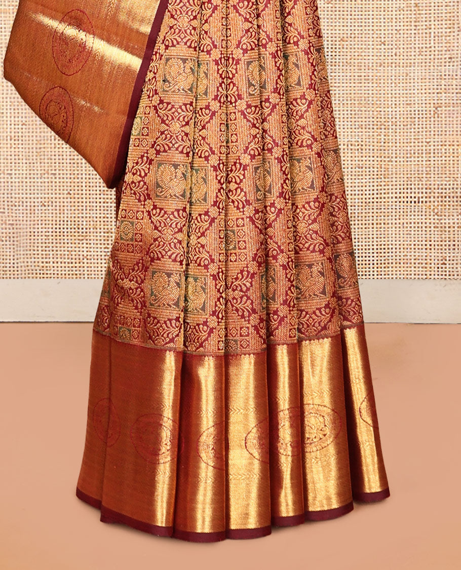 Maroon Kanchipuram Wedding Silk Saree, Decorated with Jacquard Design, Zari Border of Poo Chakram Designs, Grand Pallu, and a Matching Blouse