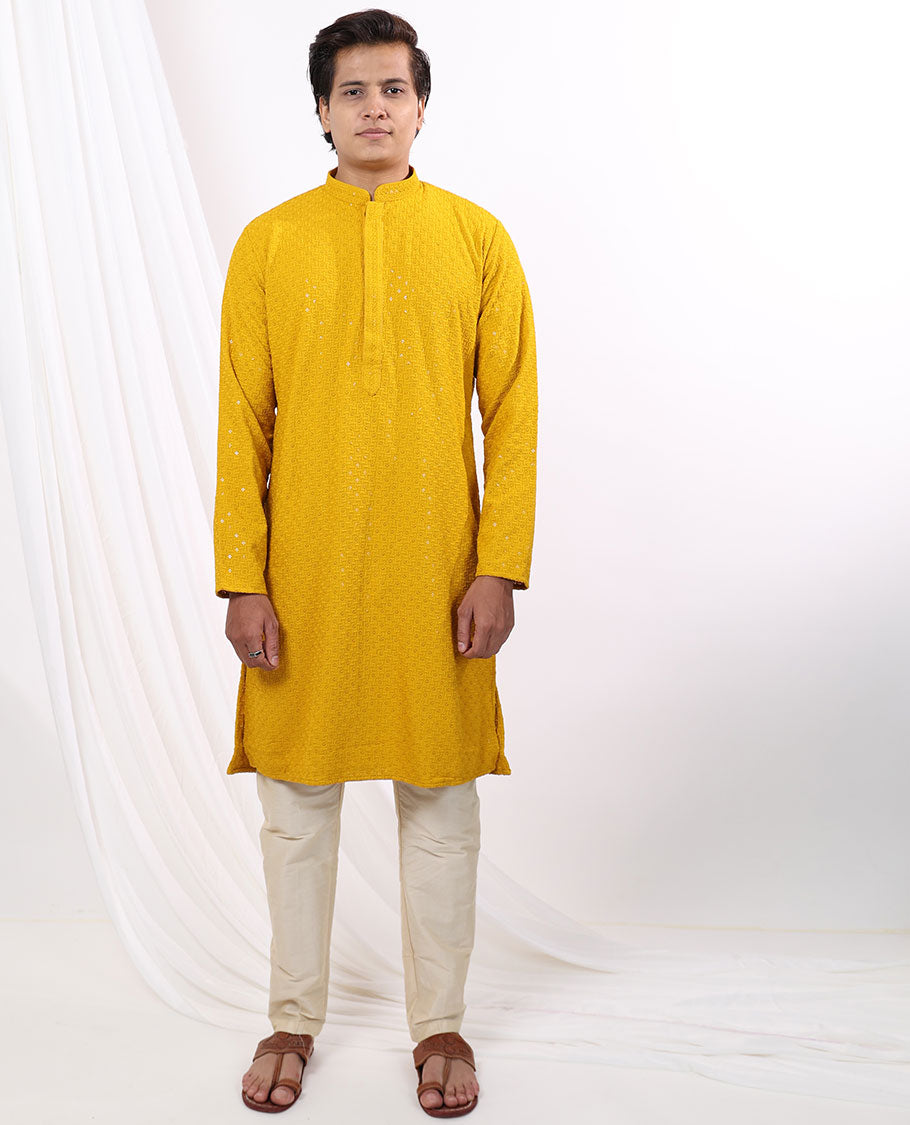 Mustard geometric embroidery with sequins work mandarin collar & full-sleeve long raw silk kurta