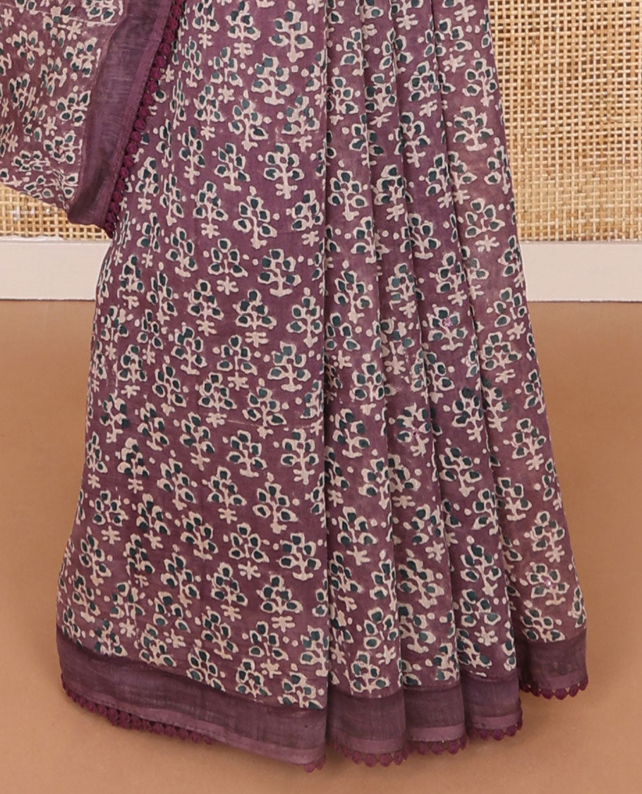 Violet floral design chanderi cotton saree with self plain border
