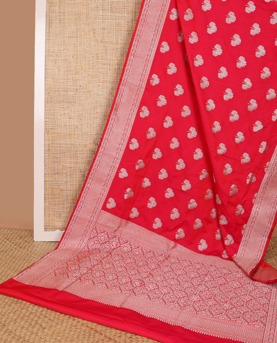 Red motifs banaras silk saree with self floral design border & floral jaal design pallu