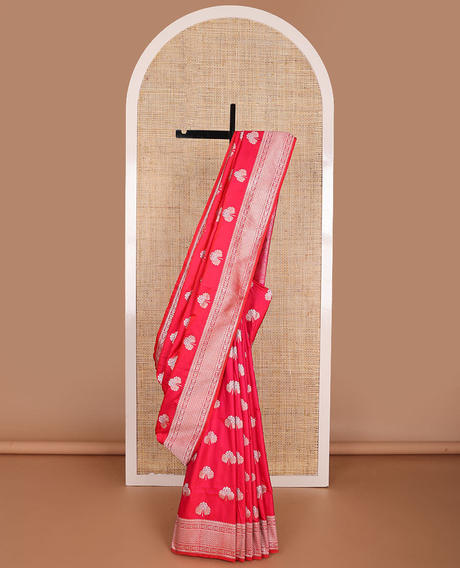 Red motifs banaras silk saree with self floral design border & floral jaal design pallu