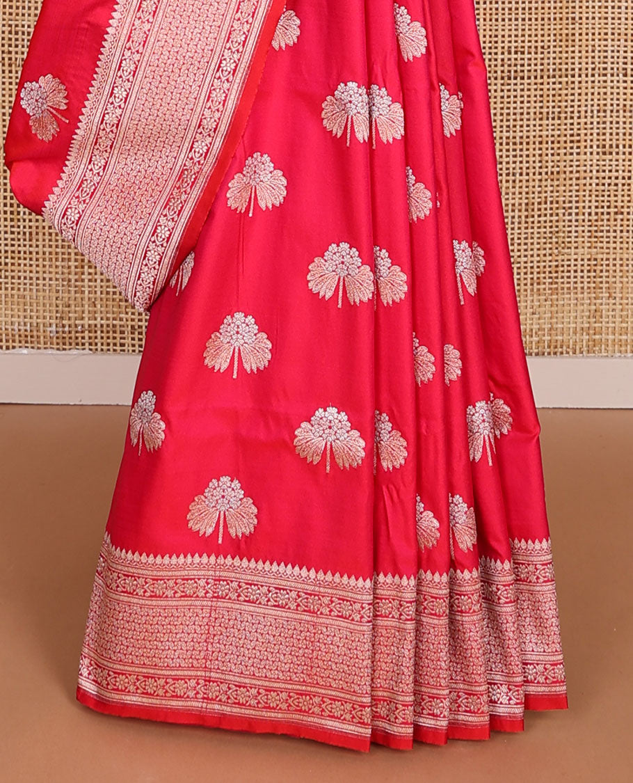 Red motifs banaras silk saree with self floral design border & floral jaal design pallu