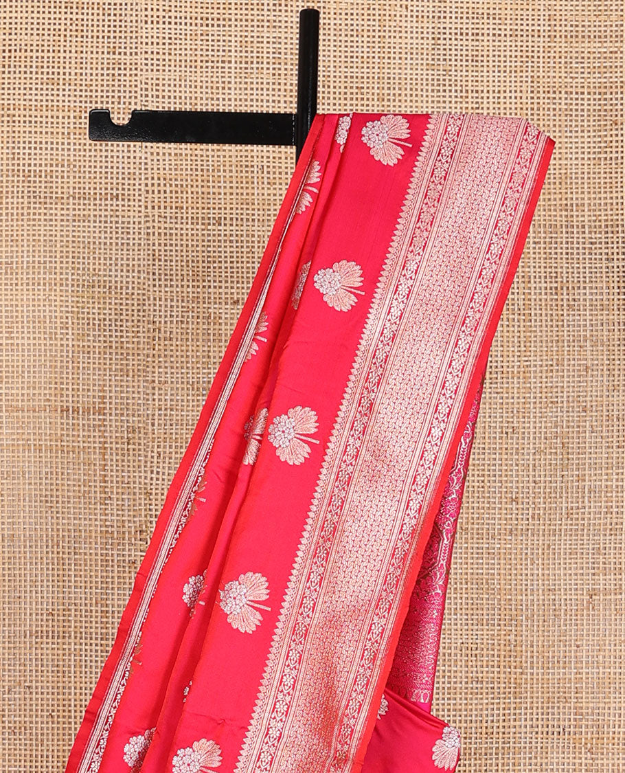 Red motifs banaras silk saree with self floral design border & floral jaal design pallu