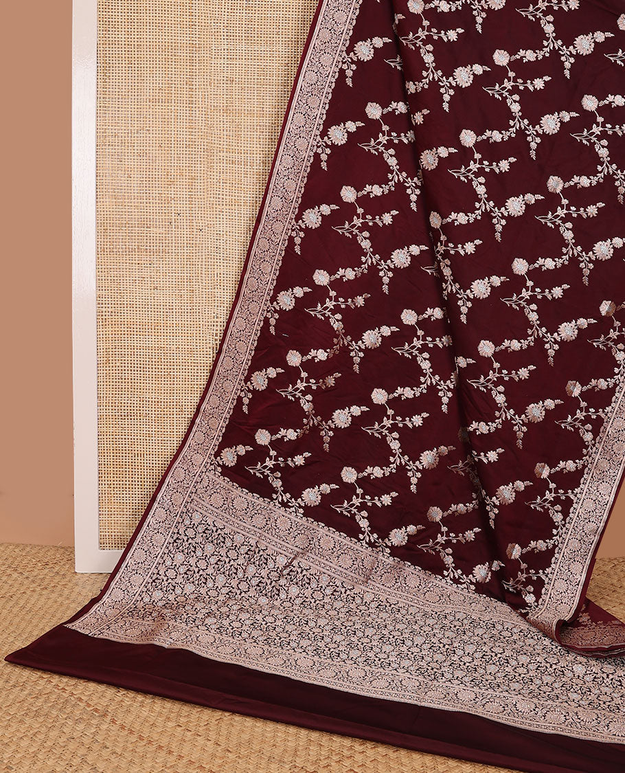 Maroon striped floral design banaras silk saree with self zari design & floral design pallu