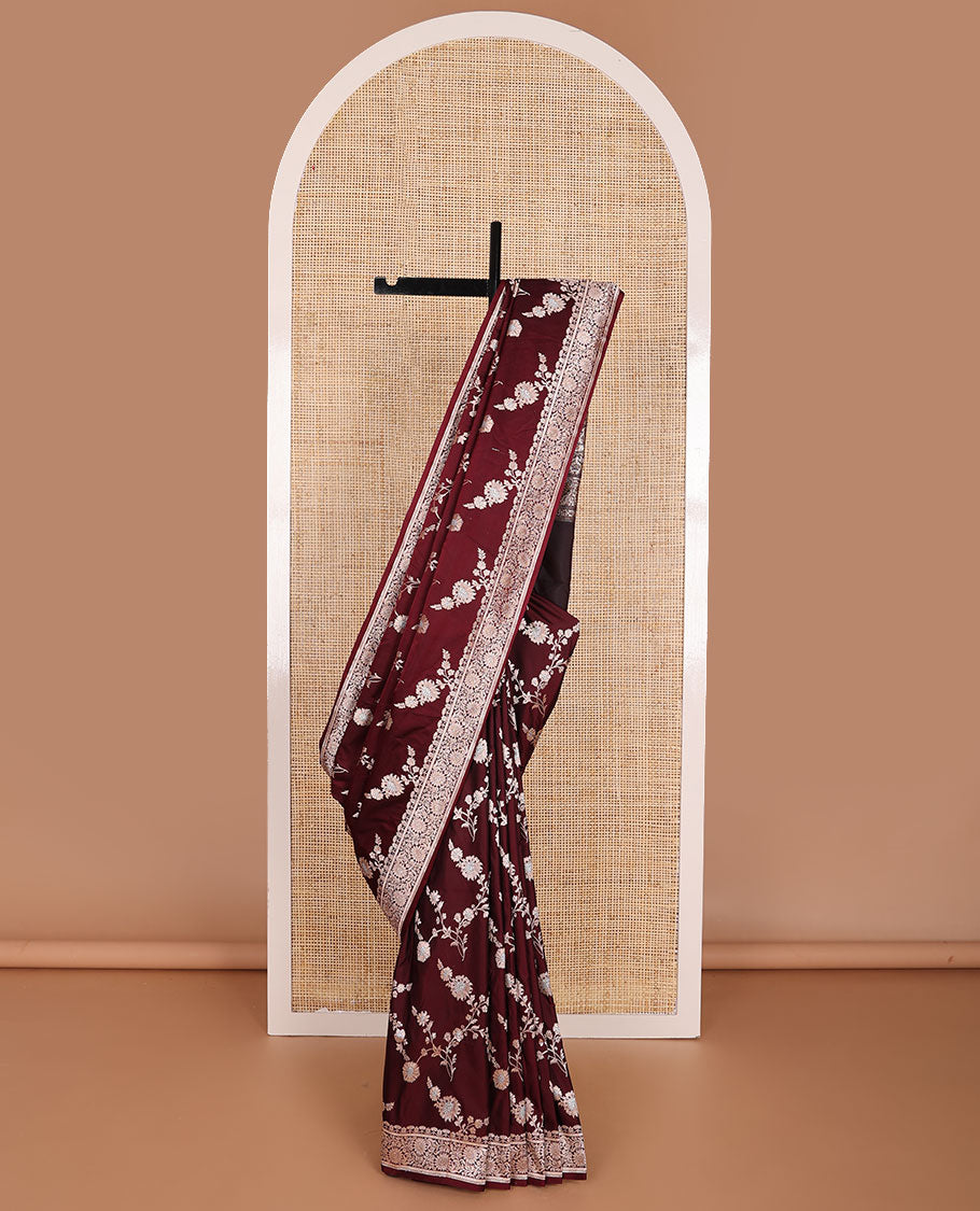 Maroon striped floral design banaras silk saree with self zari design & floral design pallu