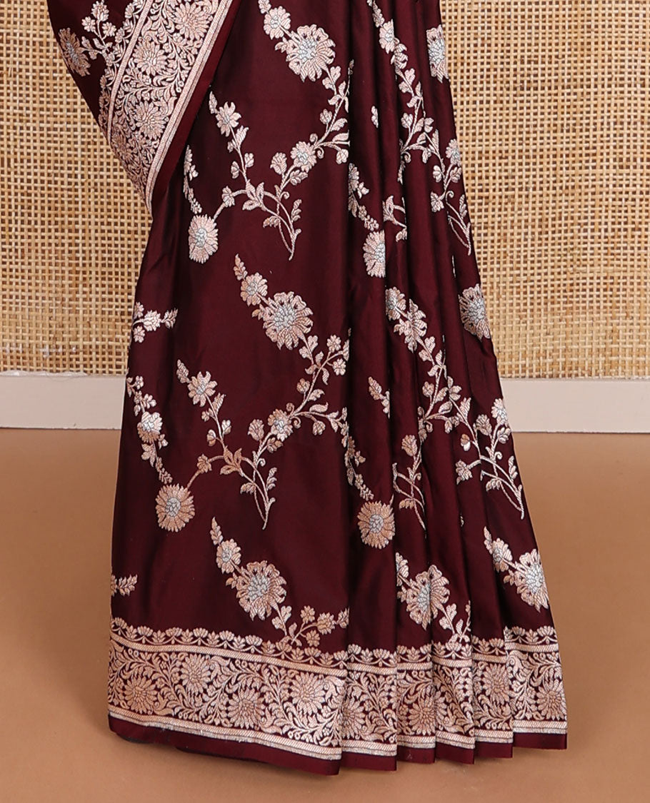 Maroon striped floral design banaras silk saree with self zari design & floral design pallu