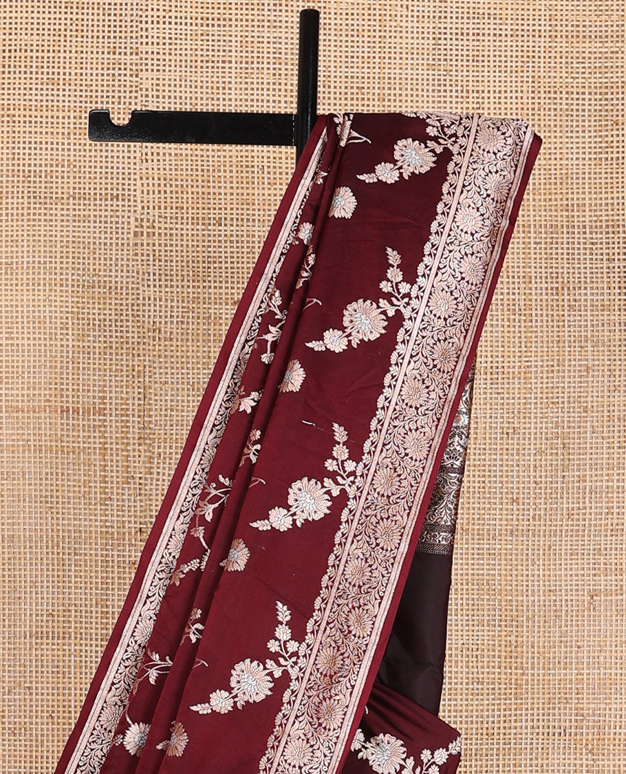 Maroon striped floral design banaras silk saree with self zari design & floral design pallu